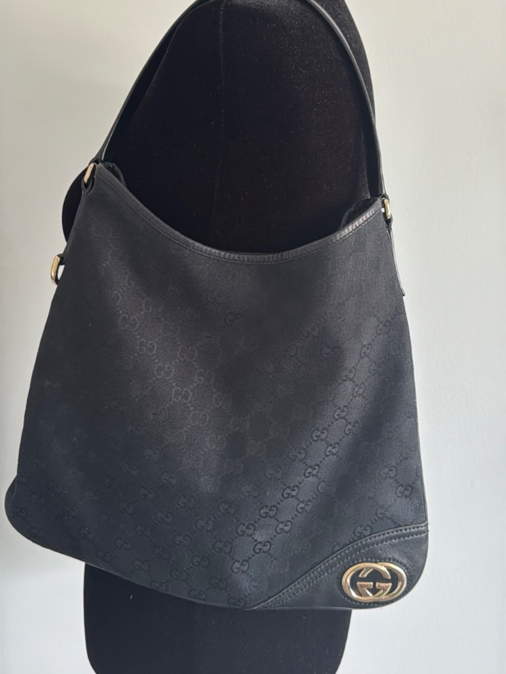 Gucci Medium Britt Hobo Shoulder Bag Black Monogrammed Canvas Gold Tone Hardware